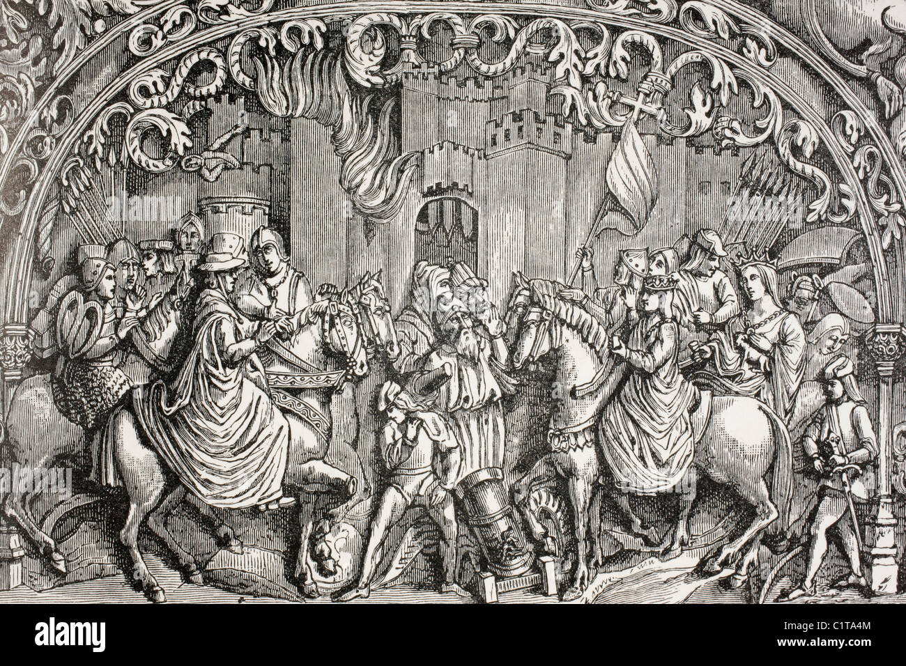 La rinuncia della Montefrio vicino a Granada, in Spagna, nel 1486. Mori consegnare le chiavi della città di Ferdinando il Cattolico e della Regina Isabella Foto Stock