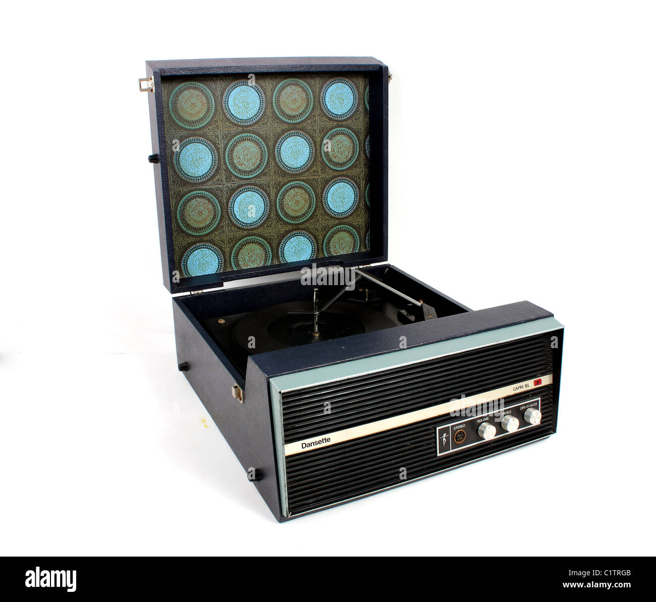 Un Dansette record giocatore e una selezione di LP in vinile singoli e album, un grande intrattenimento retrò elemento musicale. Foto Stock