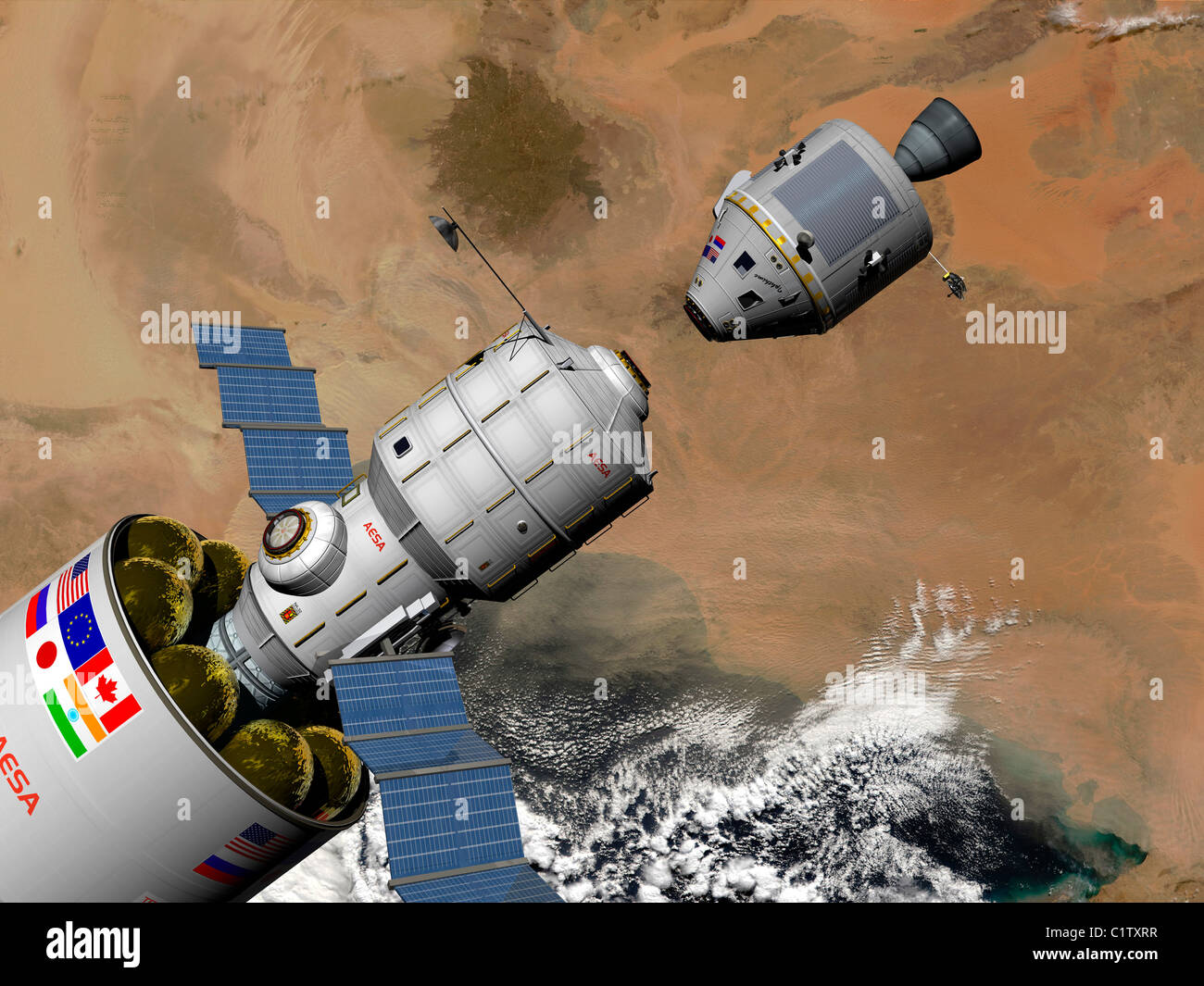 Un modulo di comando si prepara a dock con una missione Phobos rocket in orbita intorno alla terra. Foto Stock