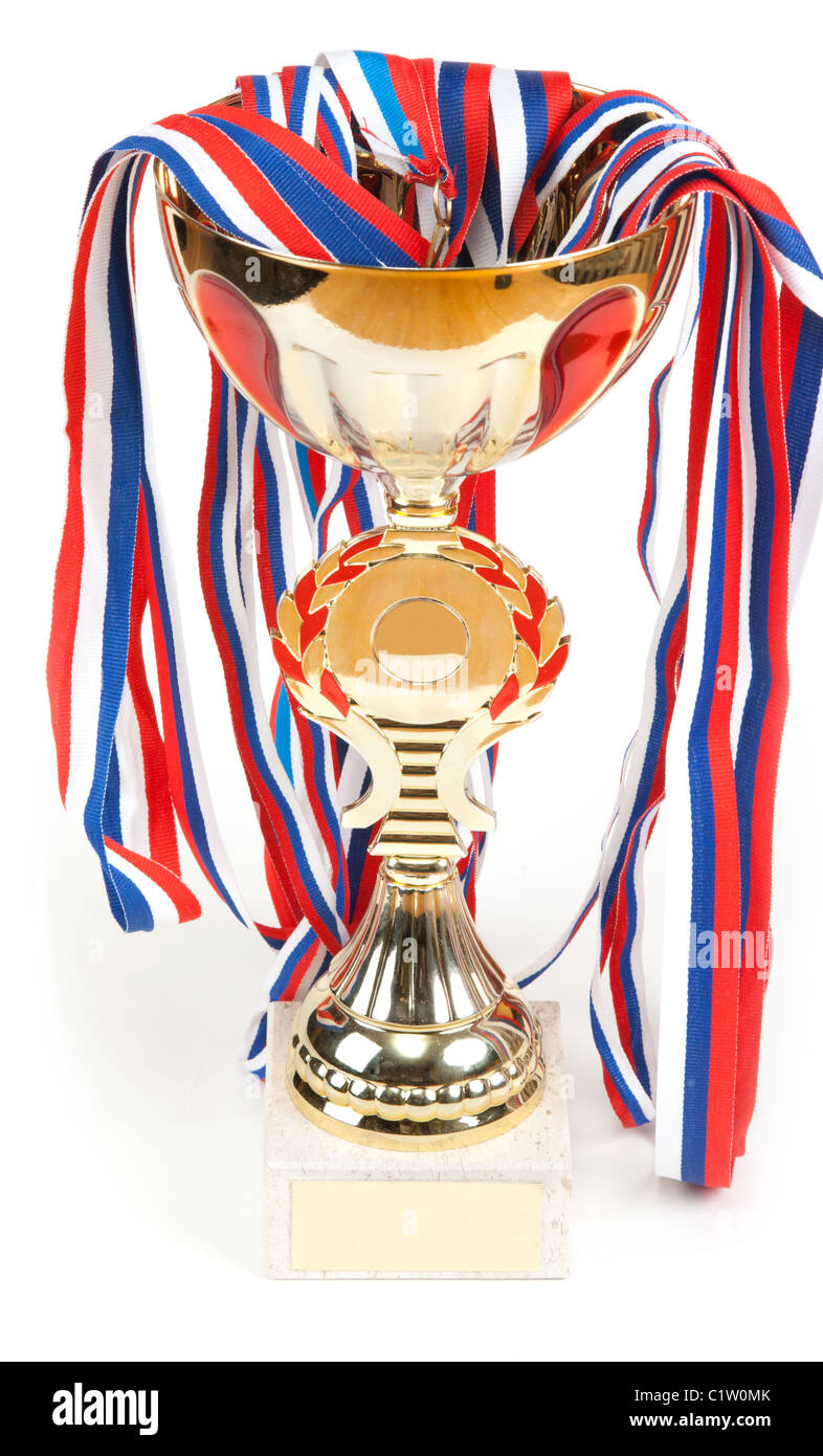 Golden Cup, medaglie con nastro su sfondo bianco Foto Stock