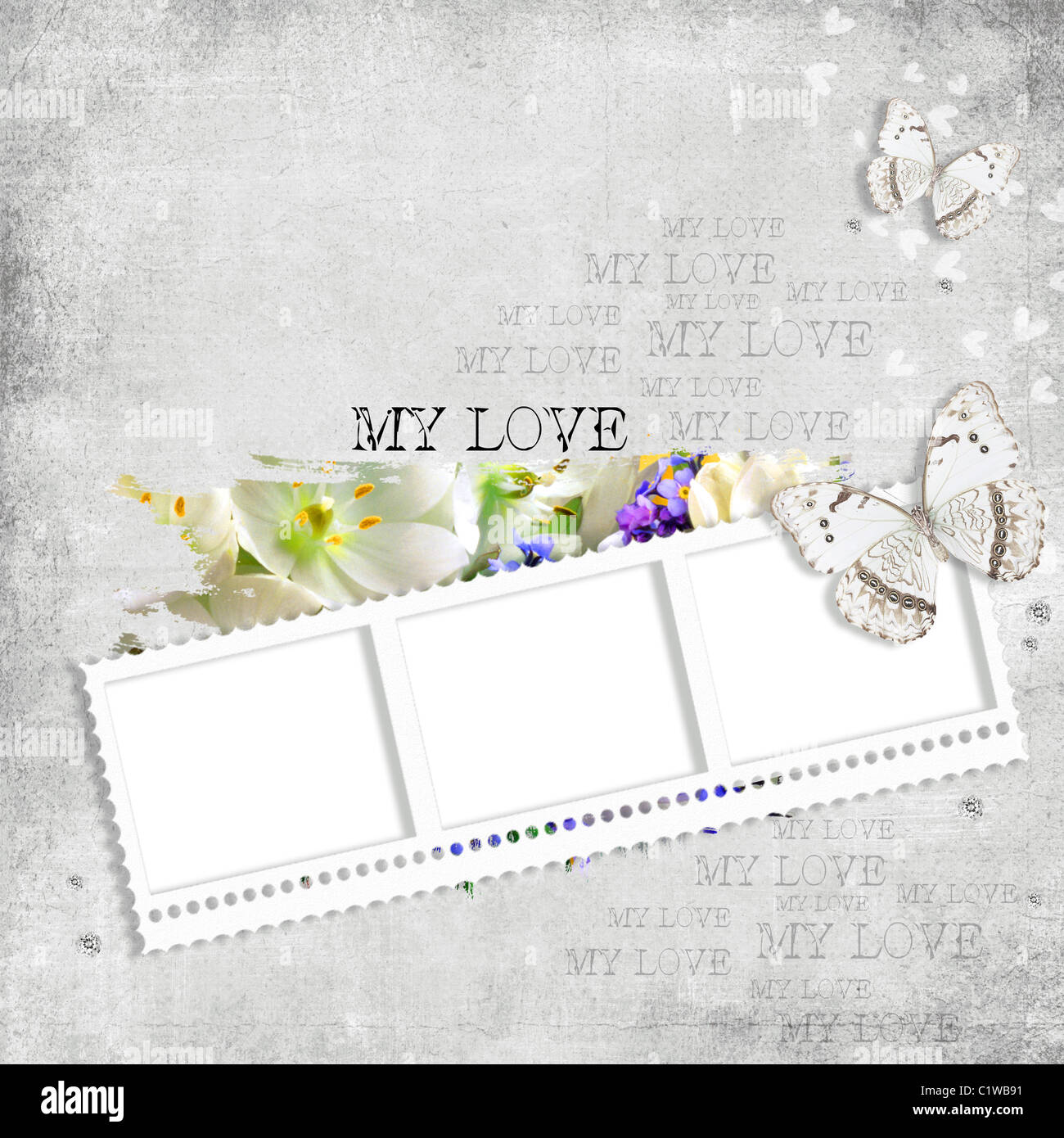 Sfondo retrò con il timbro di telaio, diamanti, testo amore, fiori e farfalla Foto Stock