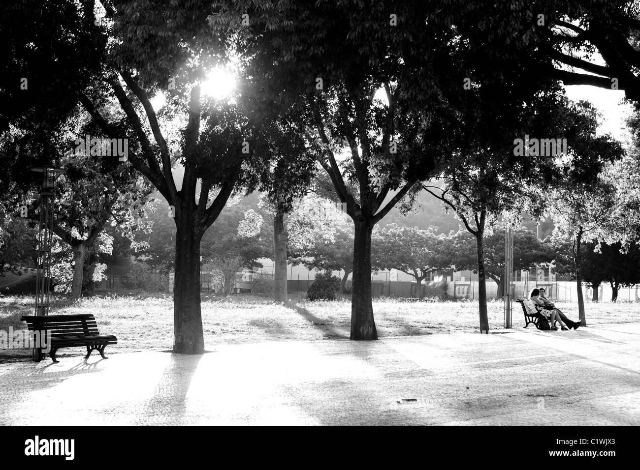 Due amanti sit isolato sul parco-banco nel grande parco urbano al tramonto. Lisbona portogallo Foto Stock