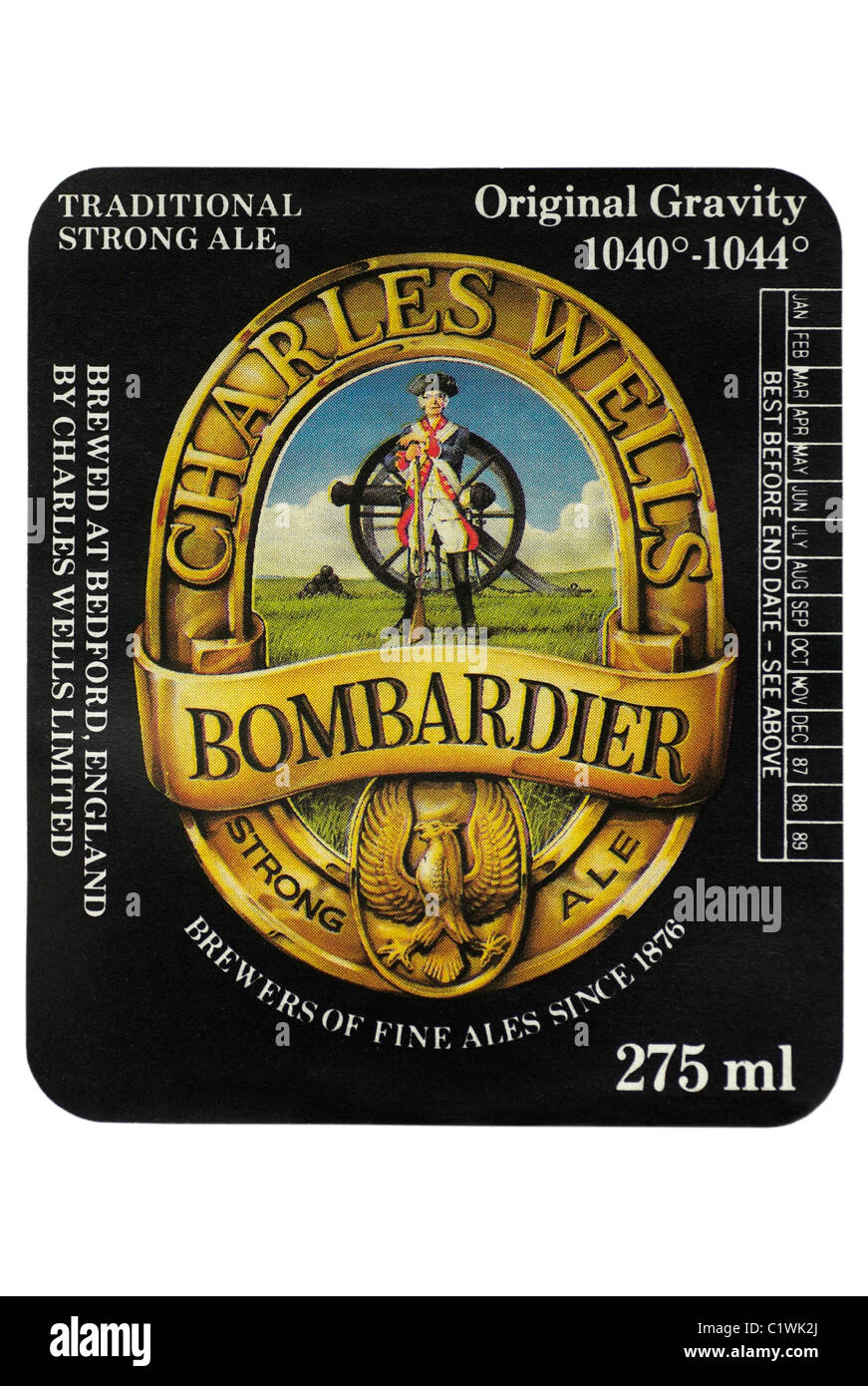 Charles Wells Bombardier Strong Ale etichetta del flacone circa 1987-1989. Foto Stock