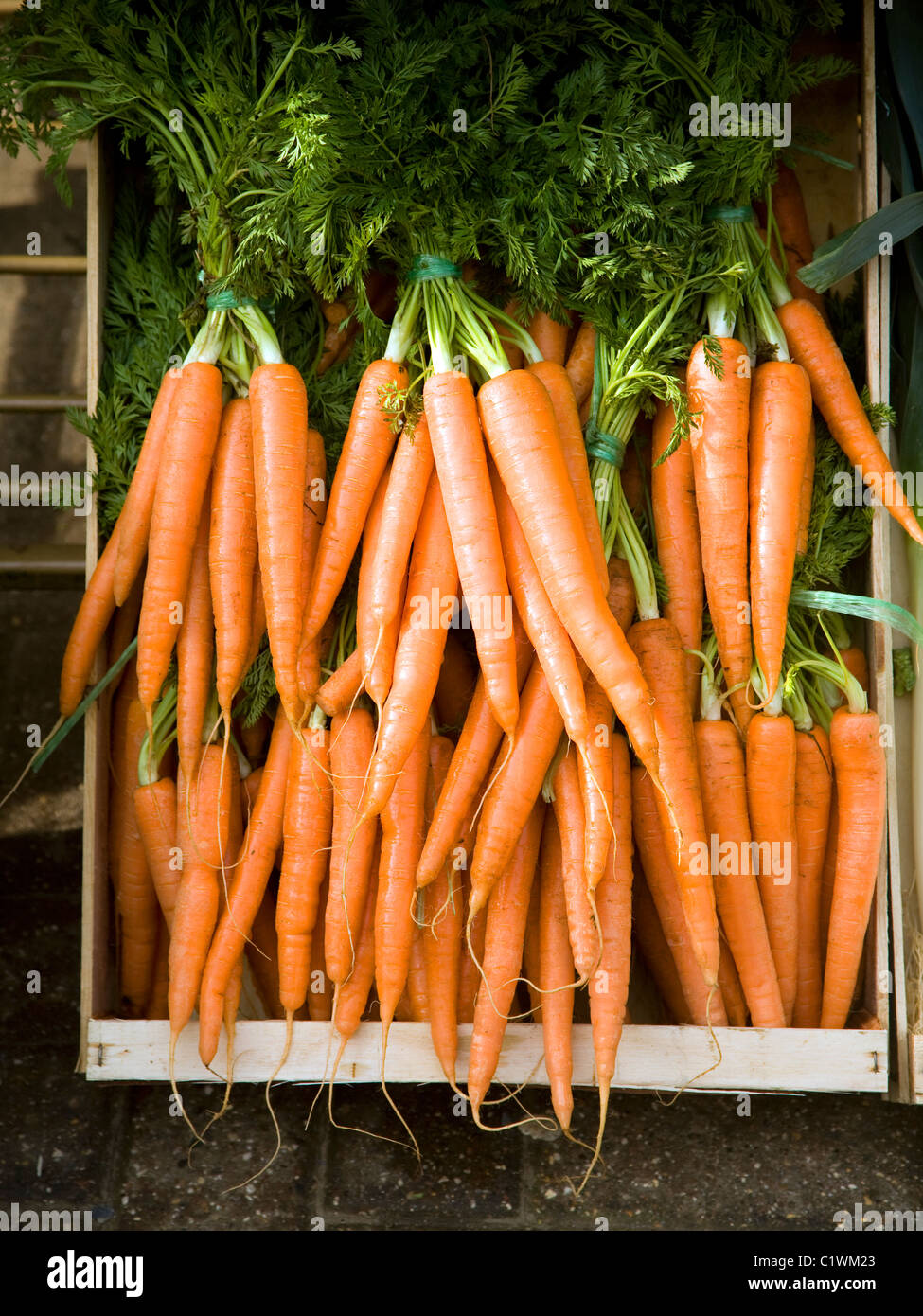 Le carote fresche nella casella in vendita Foto Stock