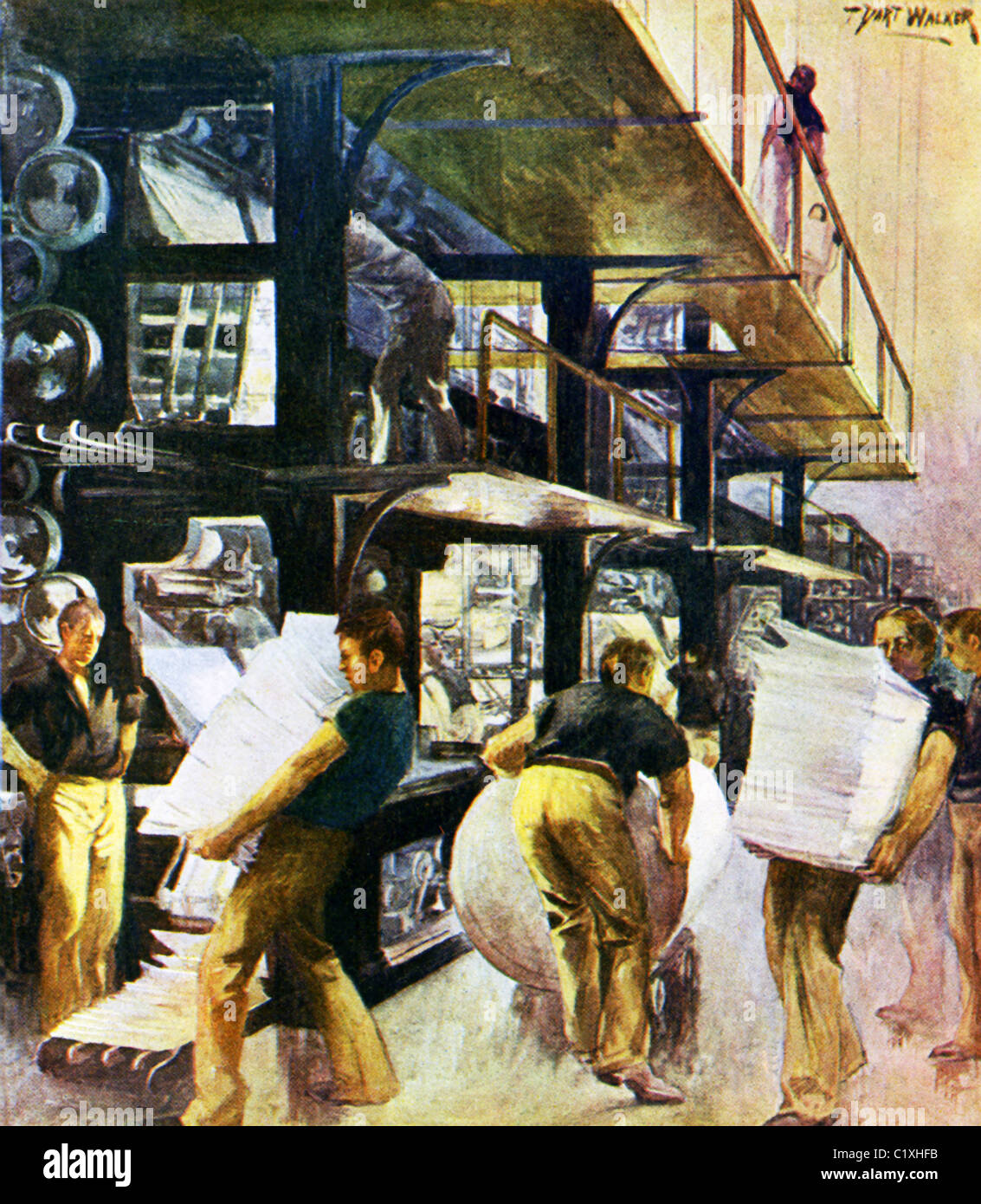 Questa illustrazione 1903 da T. Dart Walker mostra la sala stampa di un quotidiano negli Stati Uniti al momento. Foto Stock