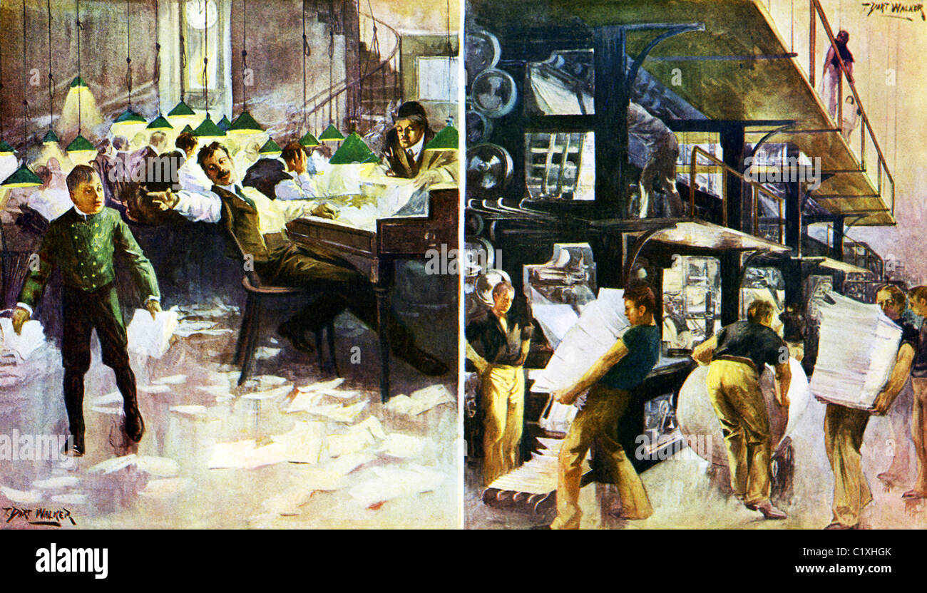 Questa illustrazione 1903 da T. Dart Walker mostra la redazione e sale stampa di un quotidiano negli Stati Uniti al momento. Foto Stock