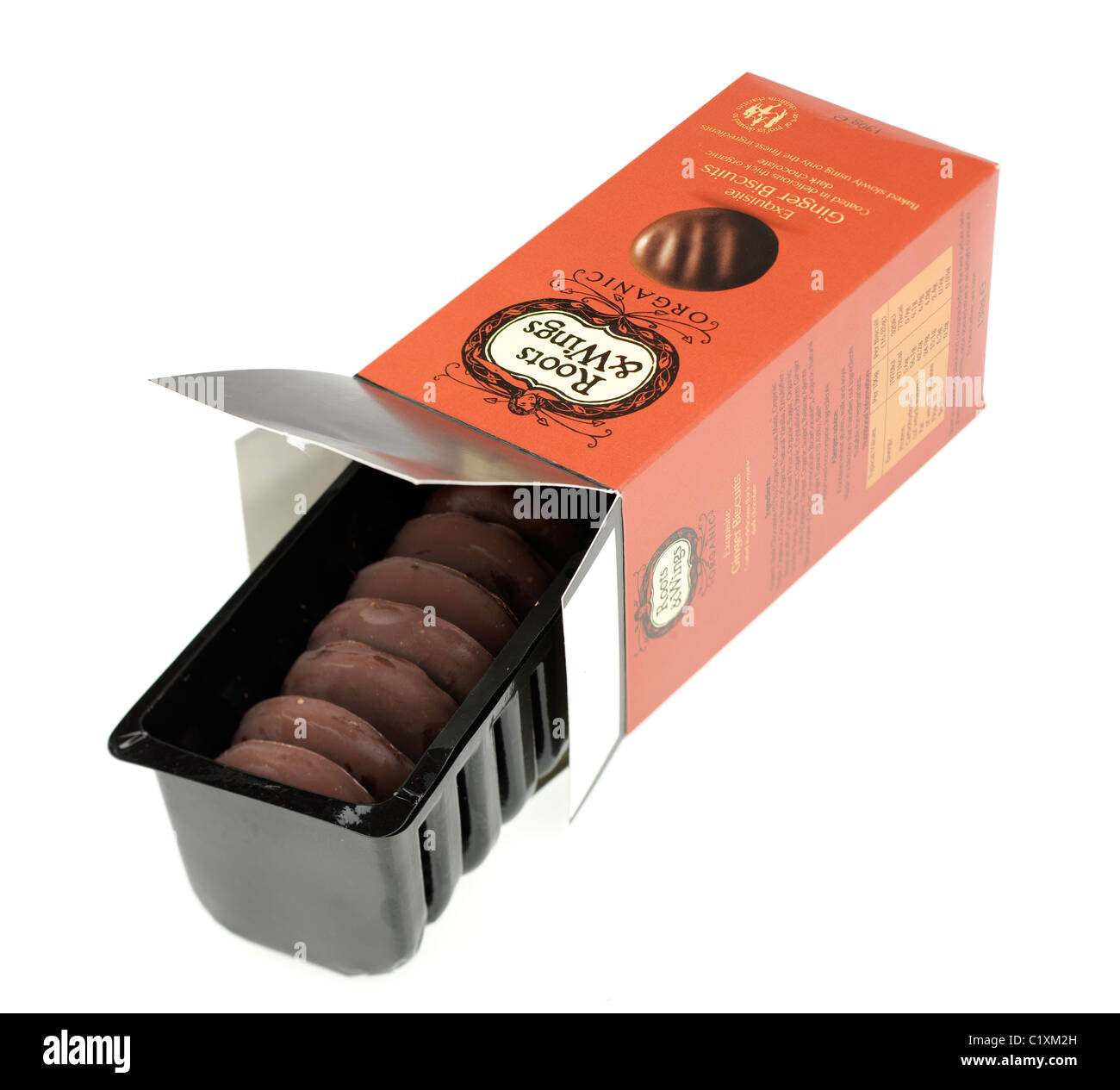 130 grammo box di radici e ali organici cioccolato squisiti biscotti allo zenzero Foto Stock