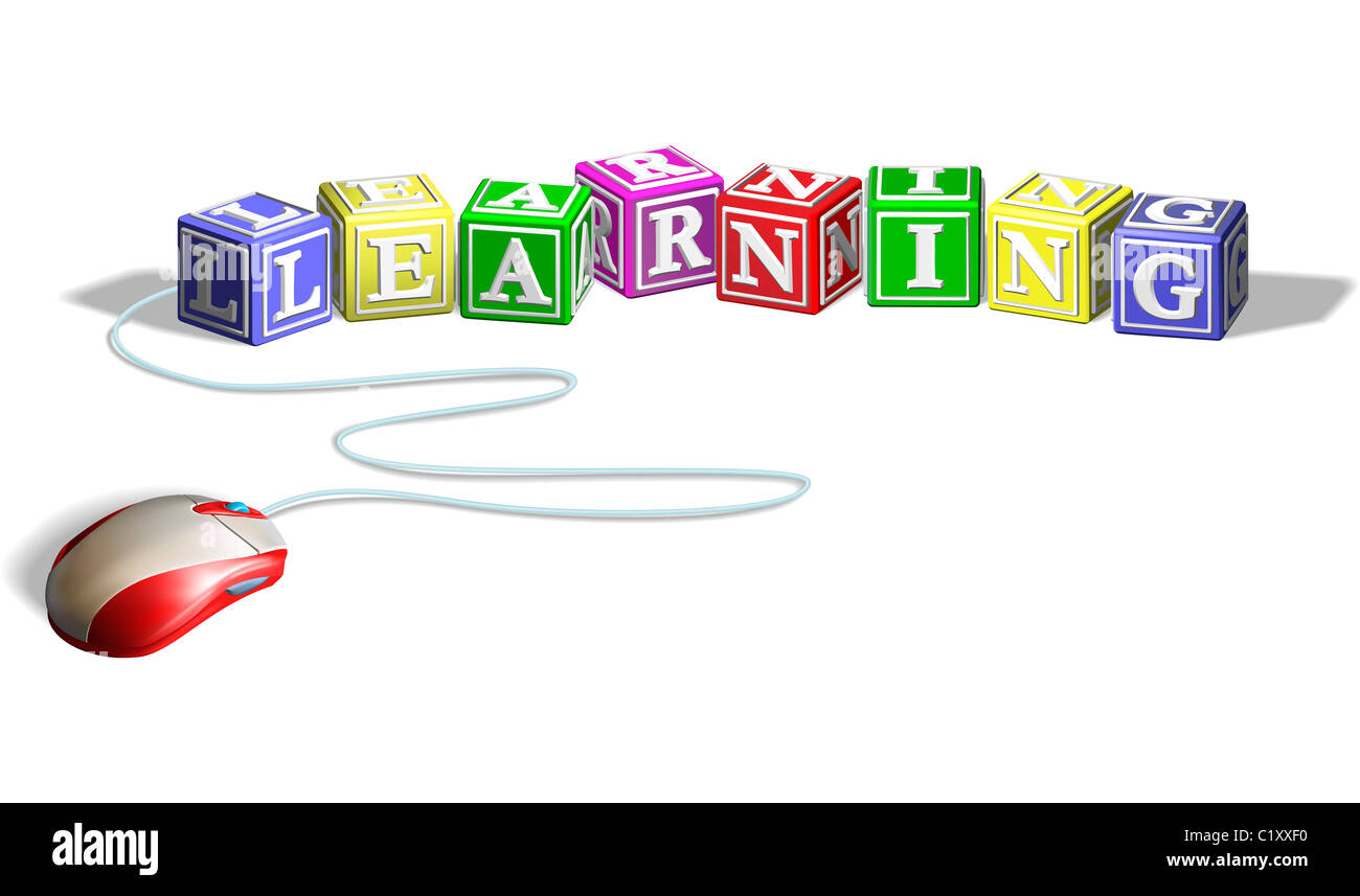 Il mouse collegati all'alfabeto lettera a blocchi che formano la parola di apprendimento. Concetto per l'e-learning. Foto Stock