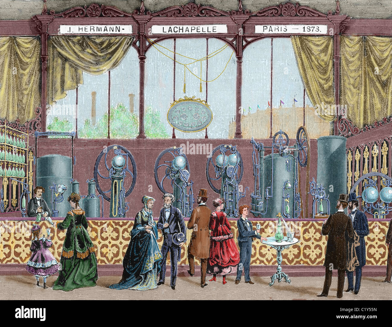 Esposizione Universale di Parigi (1878). Installazione da J. Hermann Lachapelle, apparecchiature continue maker per la produzione di soft Foto Stock