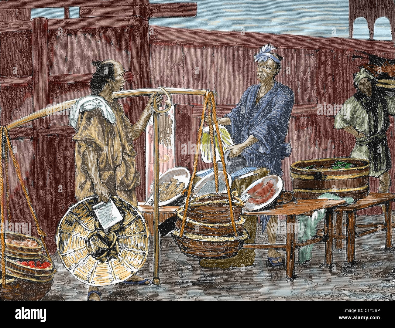 La storia giapponese. Venditore di frutta. Incisione colorata dal 1882. Foto Stock