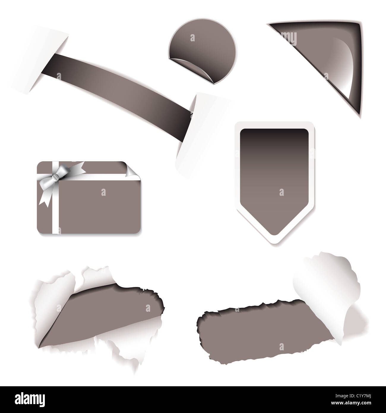 Negozio vendita tag e le icone con carta strappata ed elementi ad angolo Foto Stock