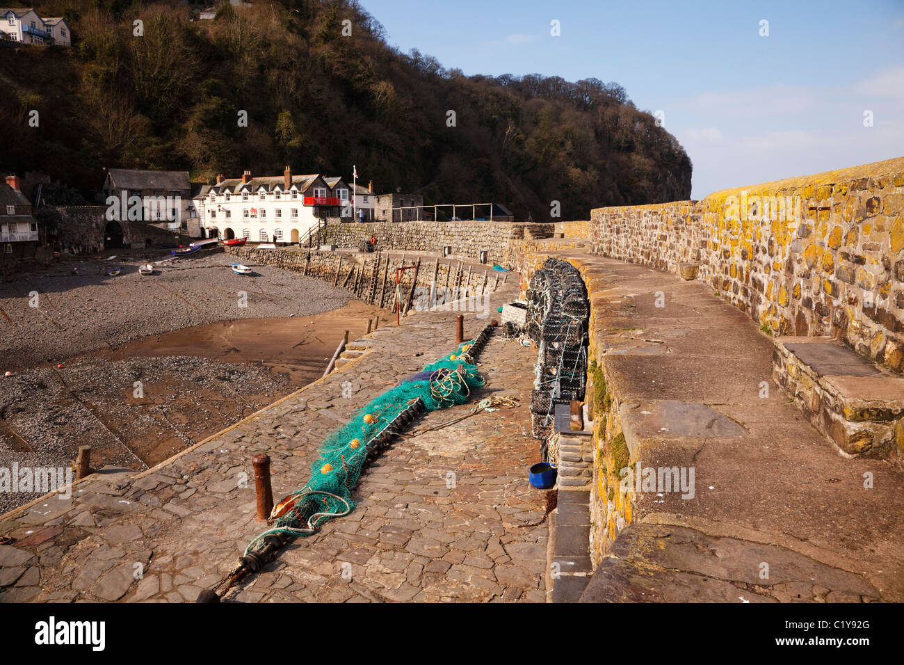 Quay a Clovelly, Devon, portando al Red Lion Hotel. Foto Stock