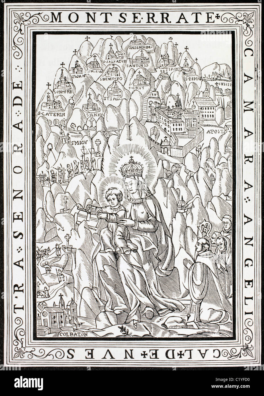 Nostra Signora di Montserrat con iscrizione Spagnolo dicendo Dimora Celeste della Madonna di Montserrat. Foto Stock
