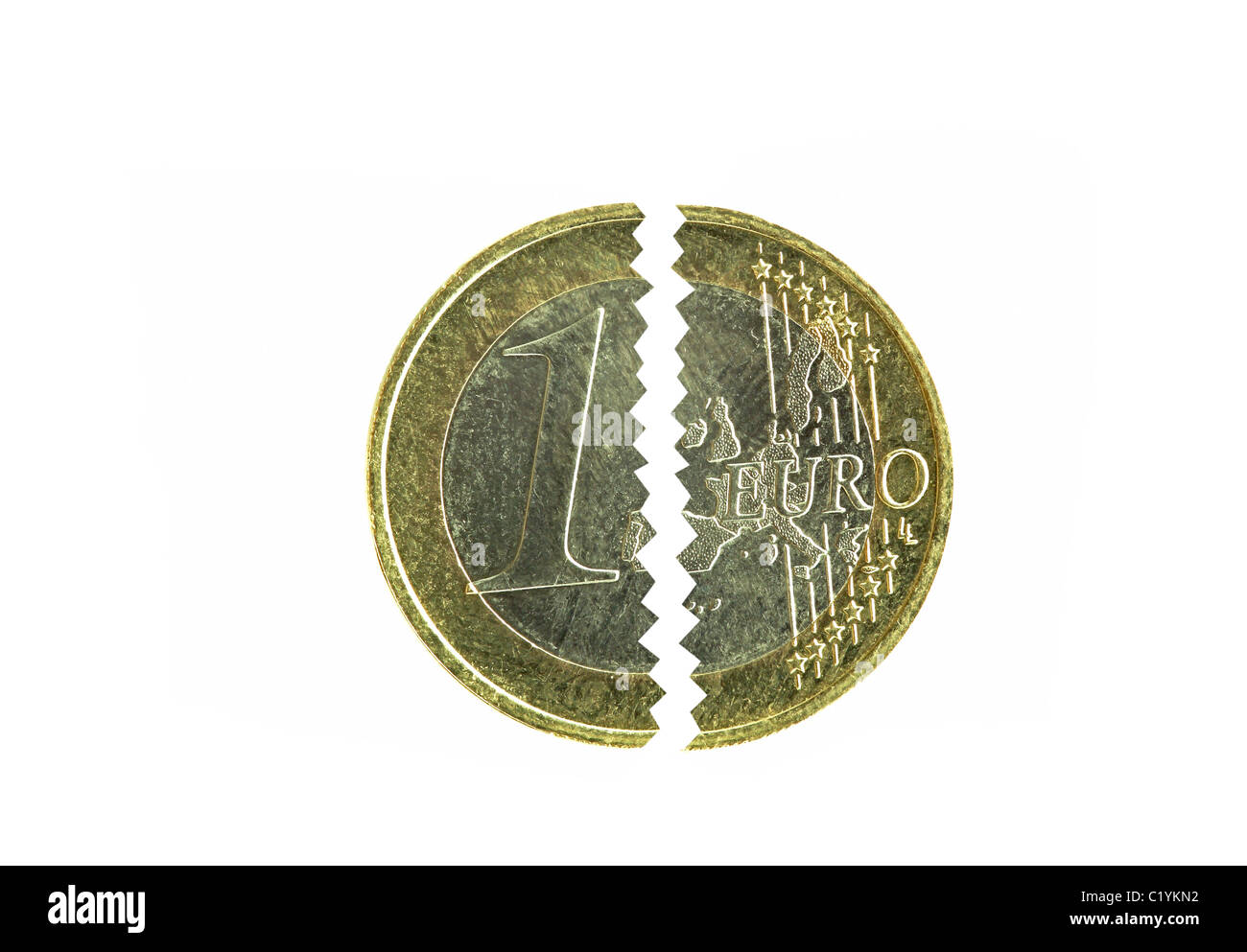 Una moneta euro diviso in due condivisioni Foto Stock