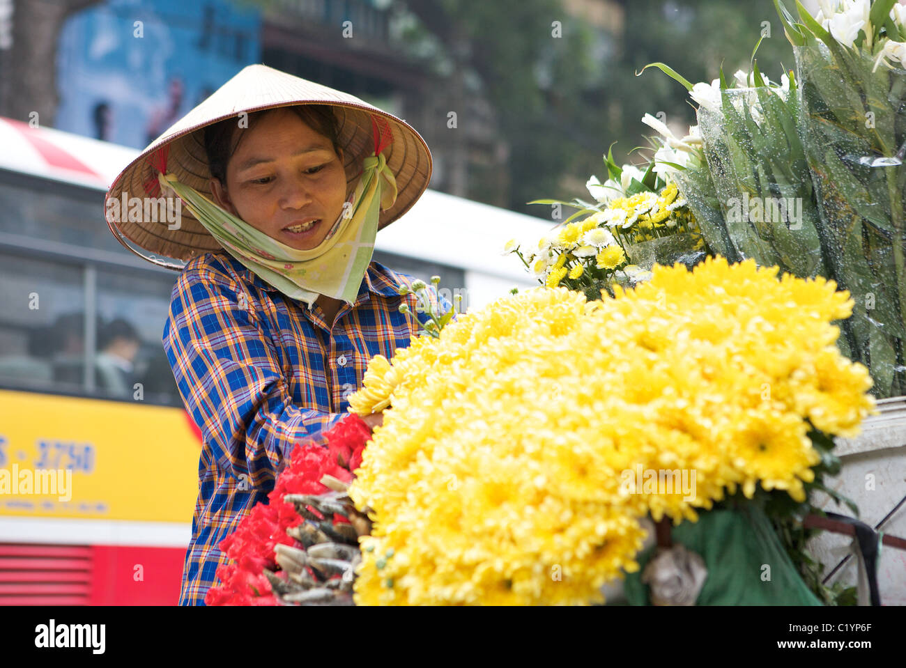 Ritratto di donna vietnamita che vendono fiori per le strade di Hanoi, Vietnam Foto Stock