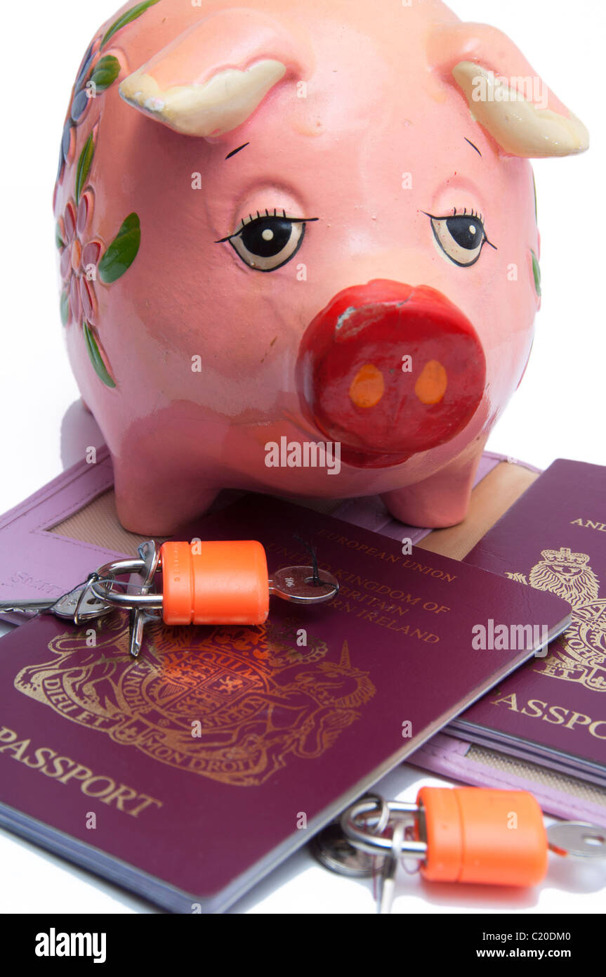 Concetto finanziario, viaggi, vacanze, poveri, vuoto piggy. Foto Stock