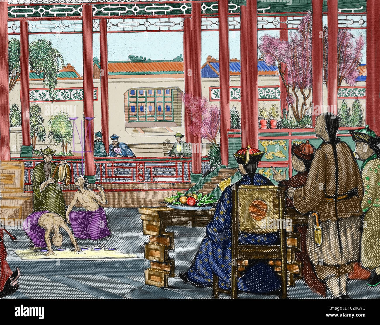 Cina. Acrobati di eseguire presso la corte imperiale. Xix secolo incisione colorata. Foto Stock