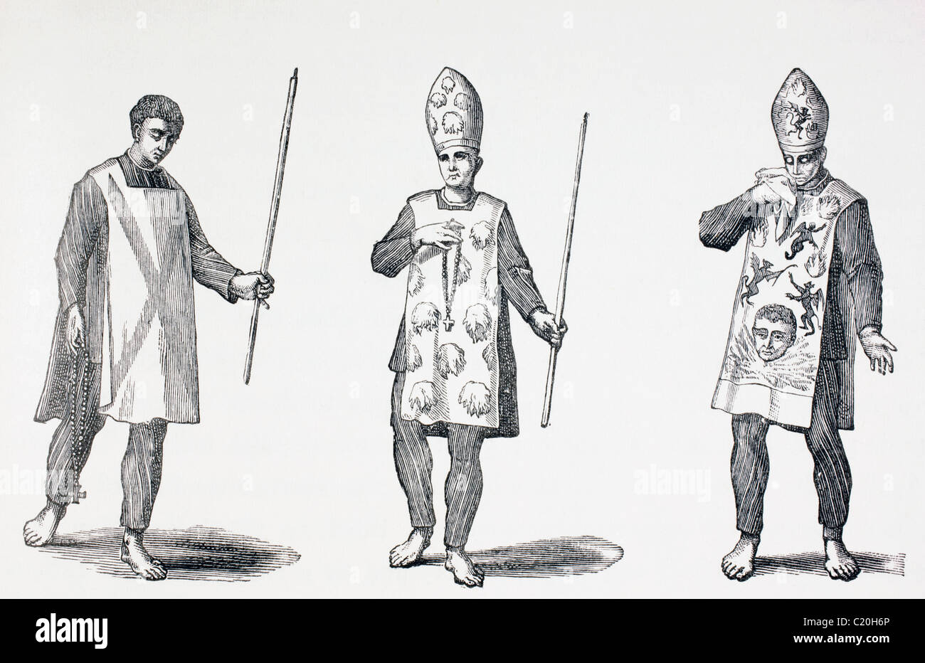 Sambenitos indossata da auto-da-Fe penitenti. Foto Stock