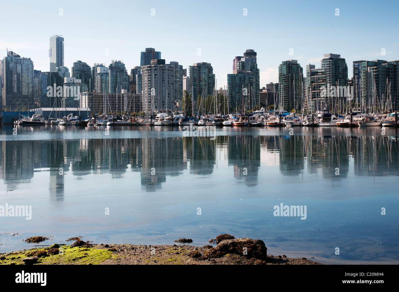 Coal Harbour e la città di Vancouver come visto da Stanley Park, della Columbia britannica in Canada Foto Stock