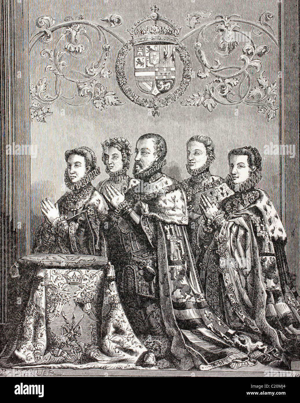 Il re Filippo II di Spagna con i suoi tre mogli, Foto Stock