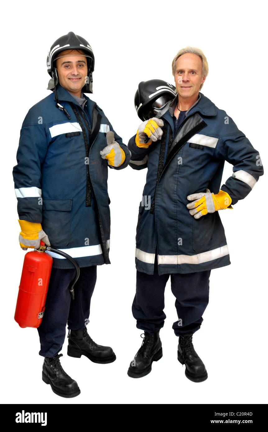 Team di vigili del fuoco in uniforme isolato in bianco Foto Stock