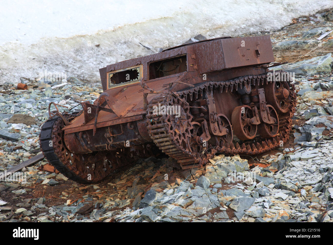 [Caterpillar-veicolo cingolato] a [Est Base] (1940-1941 1947-1948) degli Stati Uniti servizio antartico su [Stonington Island] Foto Stock