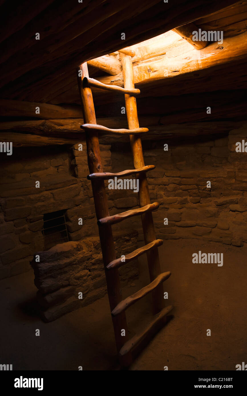 Ingresso / uscita in scaletta un kiva a Spruce Tree House in Mesa Verde National Park, COLORADO, Stati Uniti d'America. Foto Stock