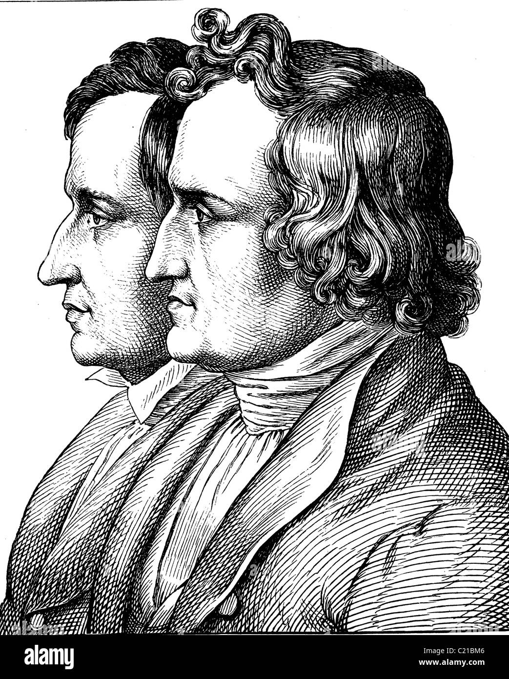 Digitale immagine migliorata di Jacob e Wilhelm Grimm i fratelli Grimm, 1785 - 1863, ritratto, storico illustrazione, 1880 Foto Stock
