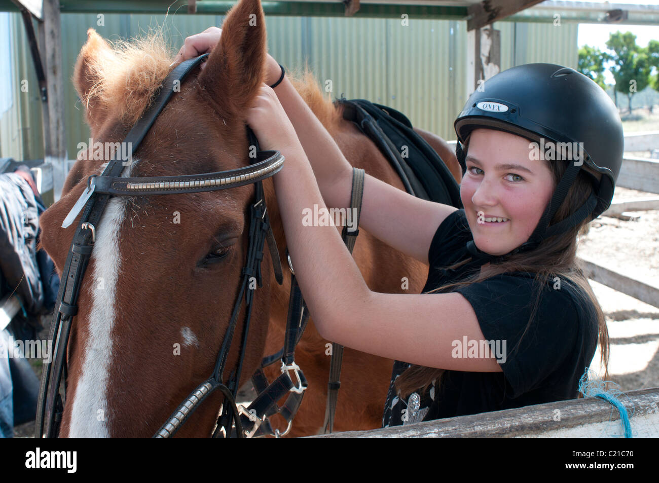Un giovane studente horse rider mette una briglia su un cavallo presso una scuola di equitazione Foto Stock