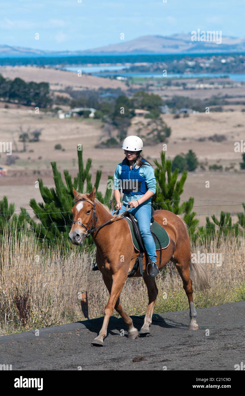 Una giovane ragazza adolescente di imparare a guidare un cavallo presso una scuola di equitazione in Tasmania Foto Stock