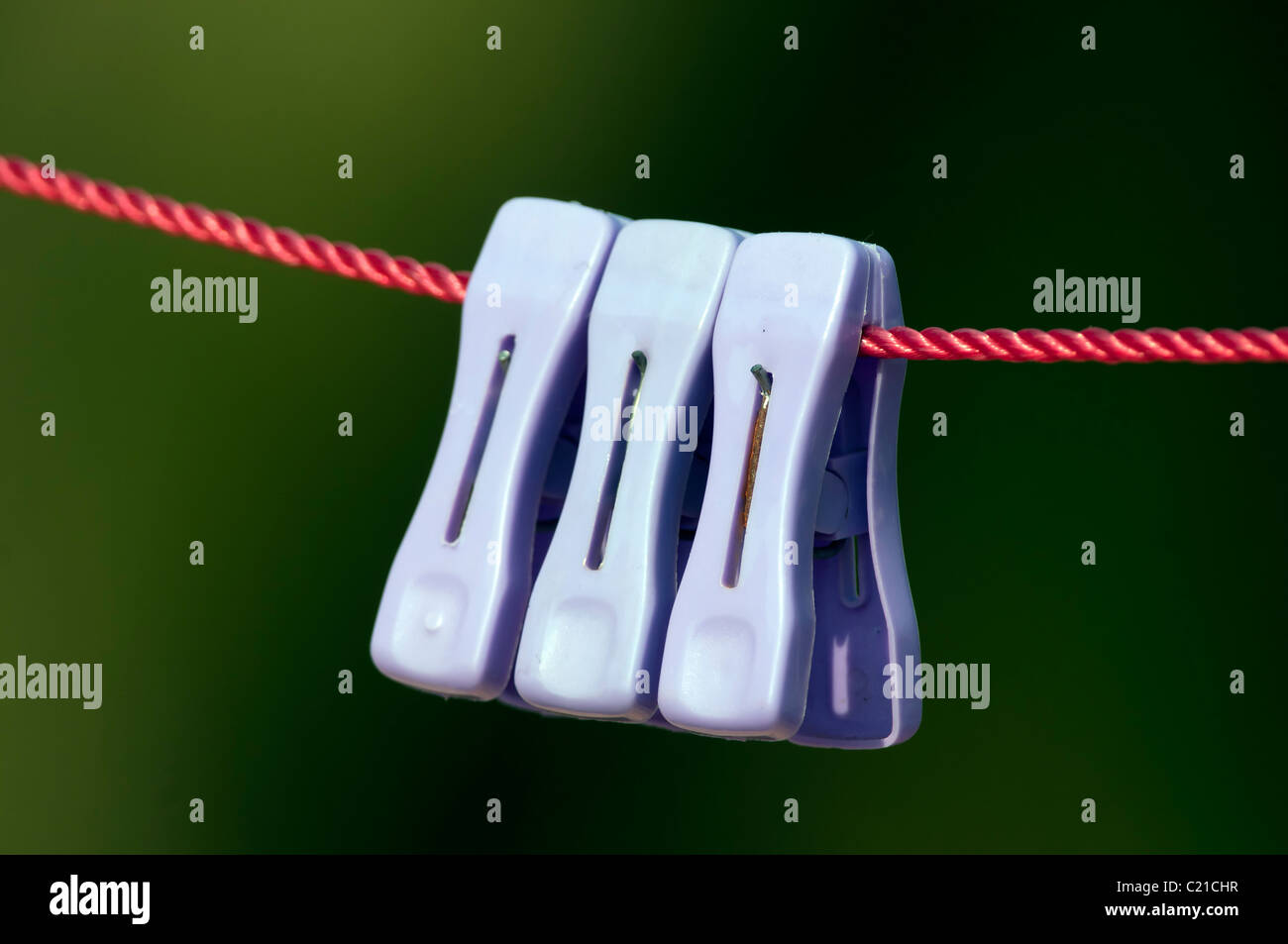 Un set di clip colorate su una corda di essiccazione Foto Stock