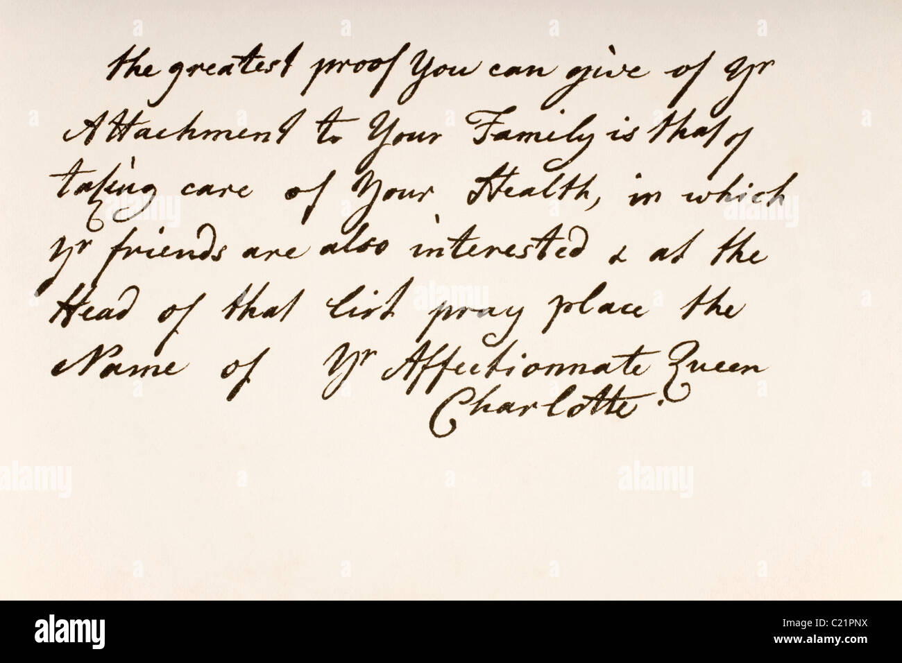 Queen Charlotte, née Duchessa Sophia Charlotte di Mecklenburg-Strelitz, 1744 a 1818. Consorte George III. La scrittura a mano. Foto Stock