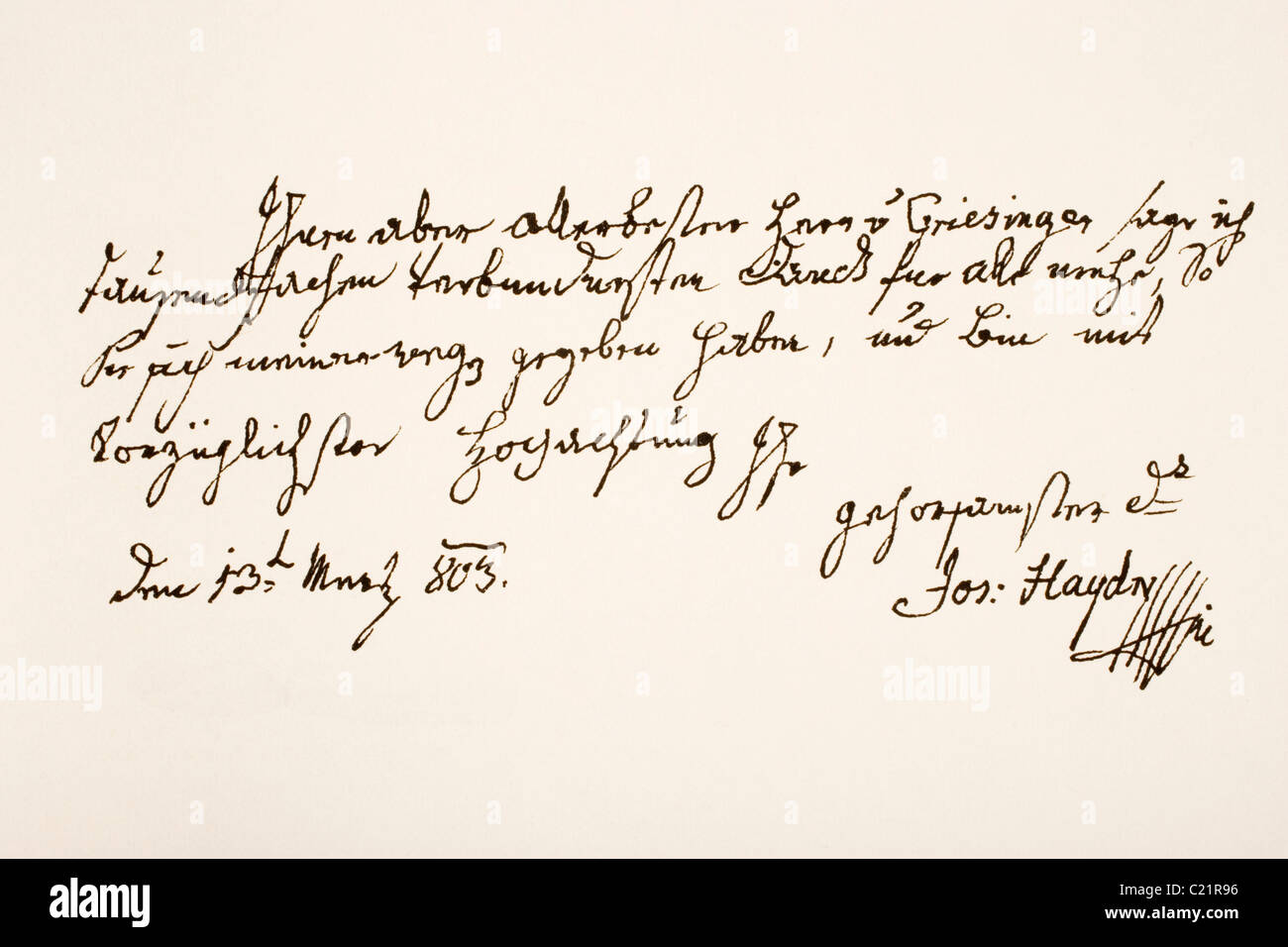 Franz Joseph Haydn, 1732 - 1809. Il compositore austriaco. La scrittura a mano campione. Foto Stock