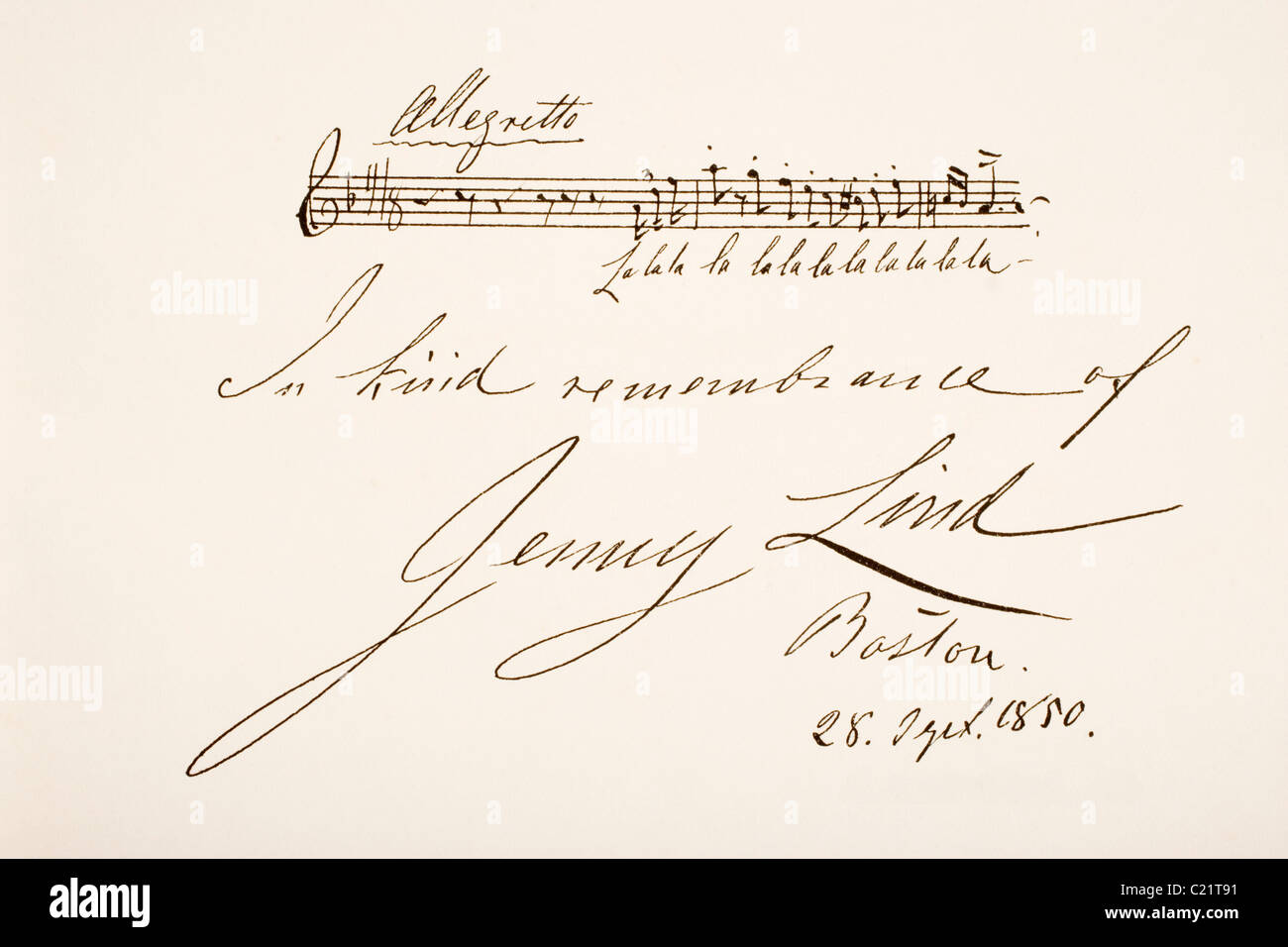 Johanna Maria Lind, 1820 - 1887. Conosciuta come Jenny Lind. Svedese cantante lirica. La scrittura a mano campione. Foto Stock