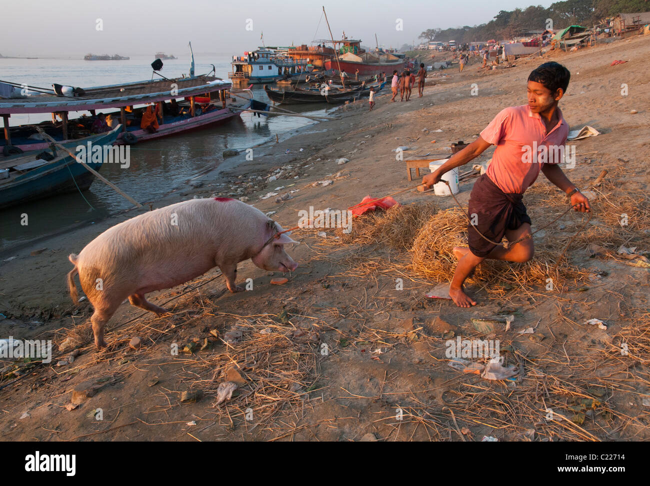 Attività quotidiana presso il porto naturale sul fiume Irrawaddy. Mandalay. Myanmar Foto Stock