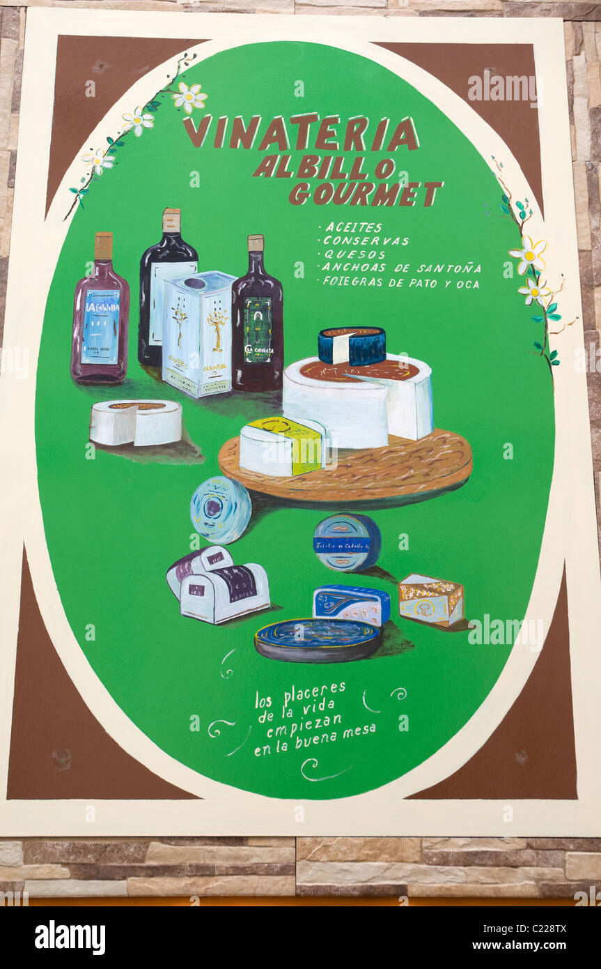 Shop segno in spagnolo un negozio di vendita di formaggio, vino e olio di oliva Foto Stock