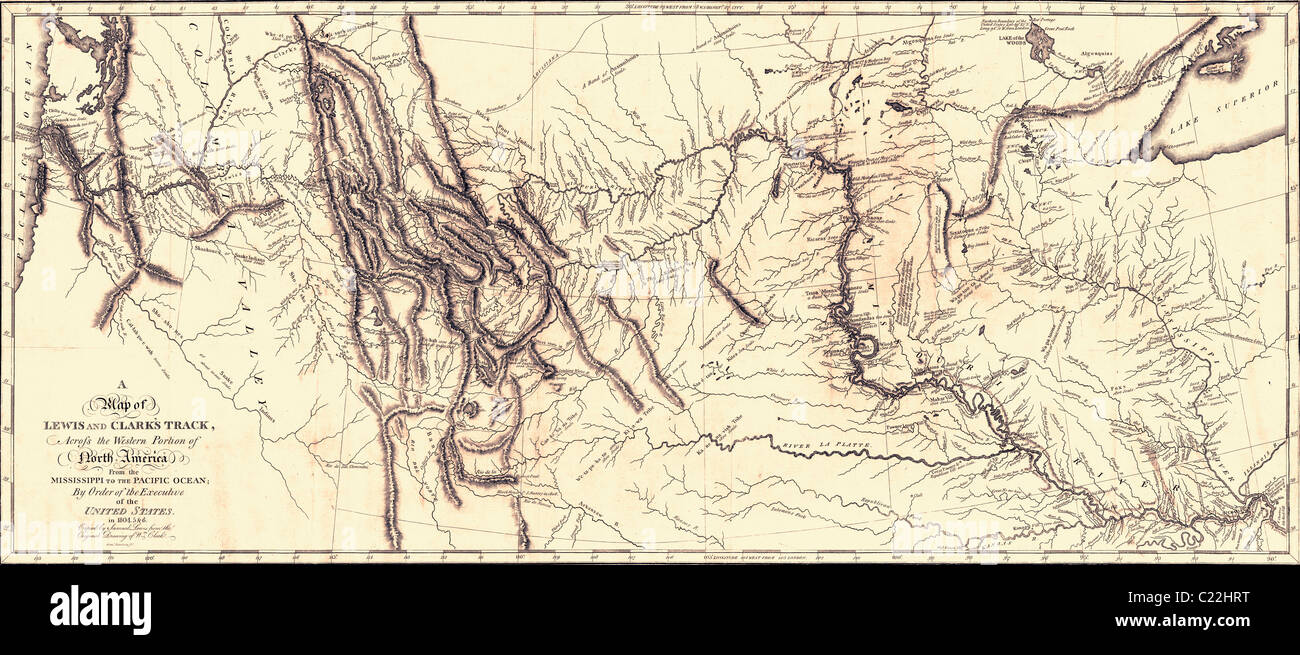Mappa di Lewis e Clark American expedition, 1804-1806, pubblicato 1814. La prima spedizione americana a croce che cosa ora è la porzione occidentale degli Stati Uniti. Foto Stock