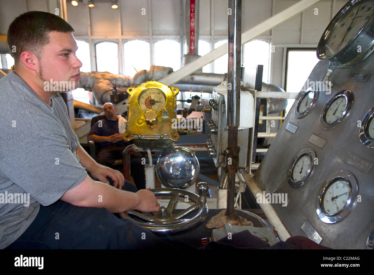 Camera motore della SS. Natchez Steamboat sul Mississippi River a New Orleans, Louisiana, Stati Uniti d'America. Foto Stock