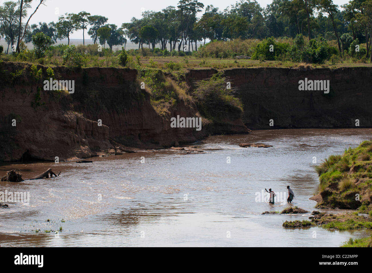 Masai uomini Varcando il fiume Mara, il Masai Mara, Kenya. Foto Stock