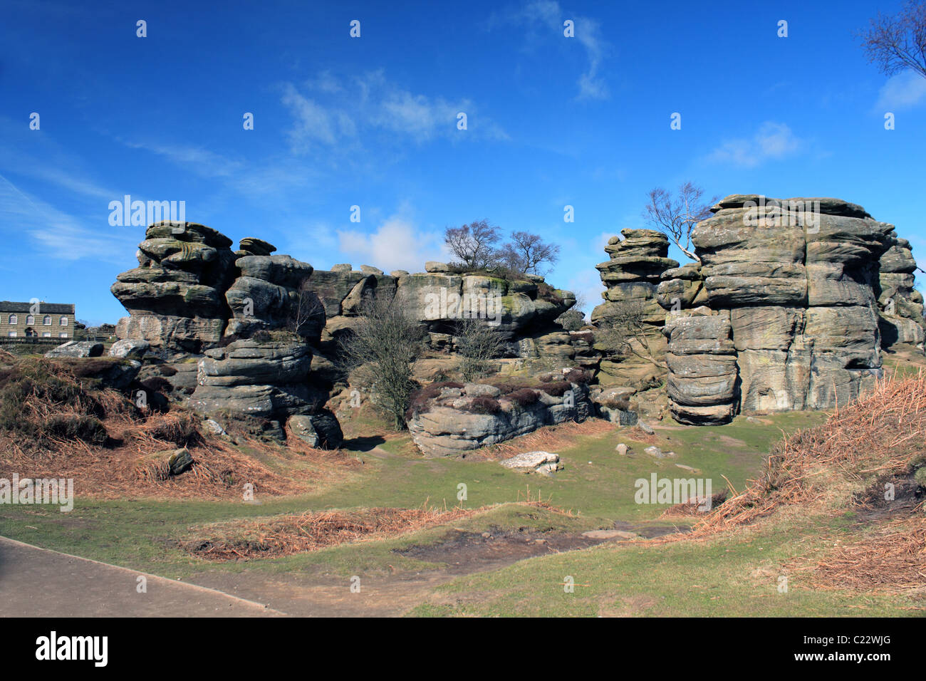 Brimham Rocks Nidderdale North Yorkshire bilanciamento insolita macina graniglia di formazioni di roccia Foto Stock