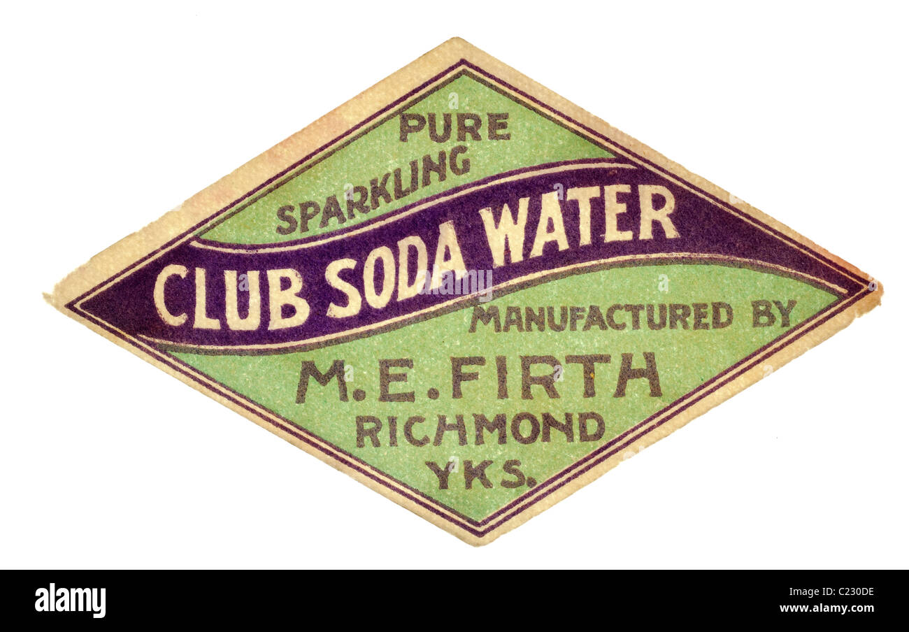 Vecchia carta pop etichetta per il Club Soda Water fabbricato da M E Firth of Richmond nello Yorkshire. Foto Stock