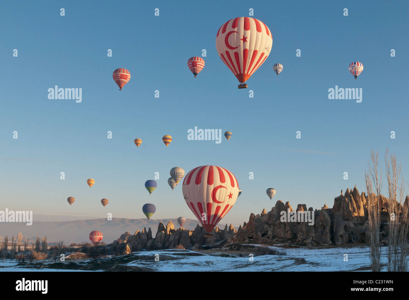 Volo in mongolfiera in Cappadocia,Anatolia centrale della Turchia Foto Stock