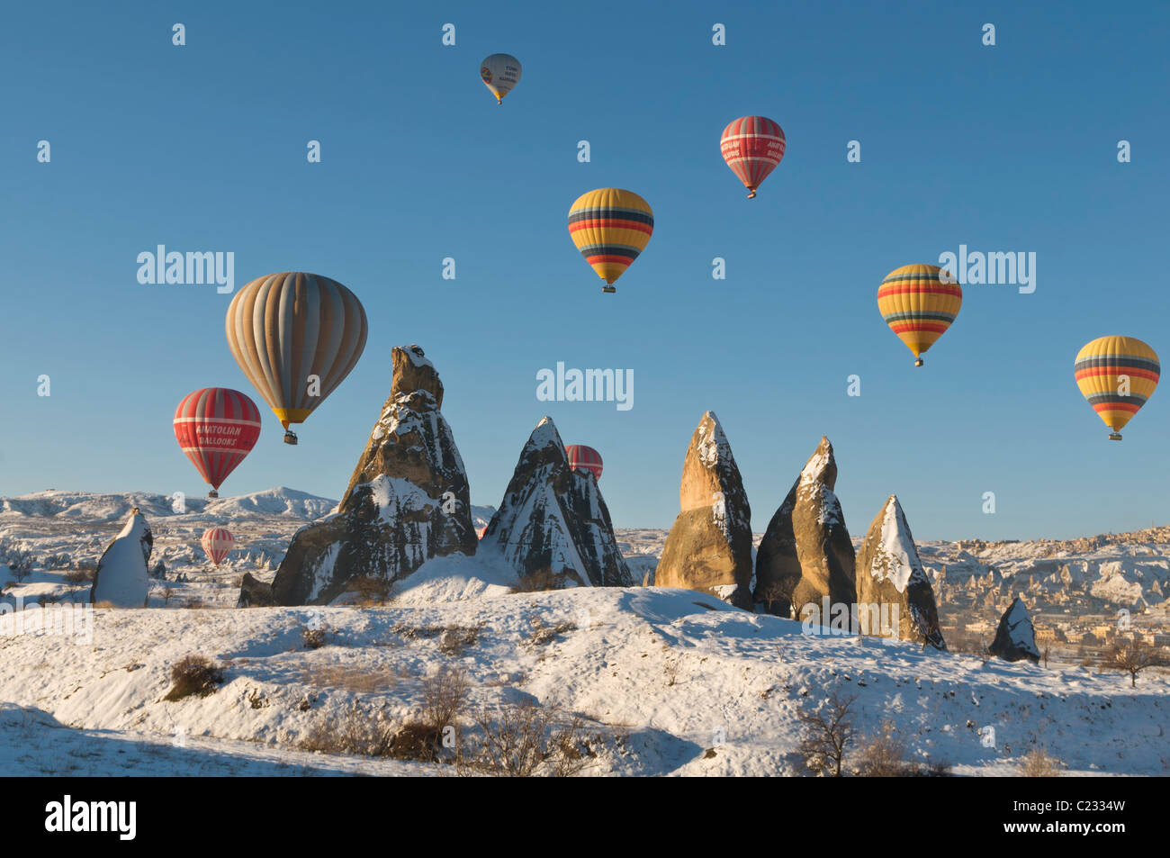 Volo in mongolfiera in Cappadocia,Anatolia centrale della Turchia Foto Stock