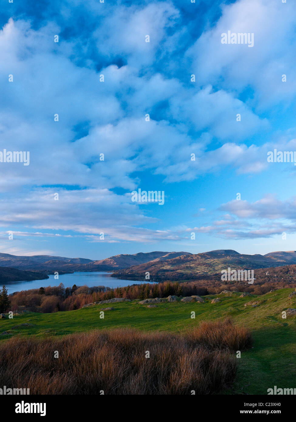 Vista di Windermere e distante fells da Brant cadde nel Lake District Cumbria Foto Stock