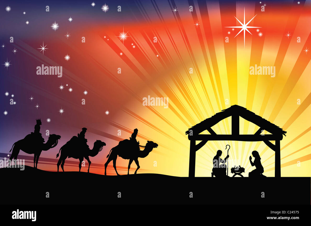 Illustrazione di cristiana tradizionale Presepe con tre saggi Foto Stock