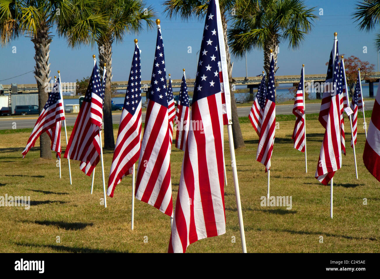 Stati Uniti bandiere sul display in onore del veterano Dat a Battleship Memorial Park, Mobile, Alabama, Stati Uniti d'America. Foto Stock