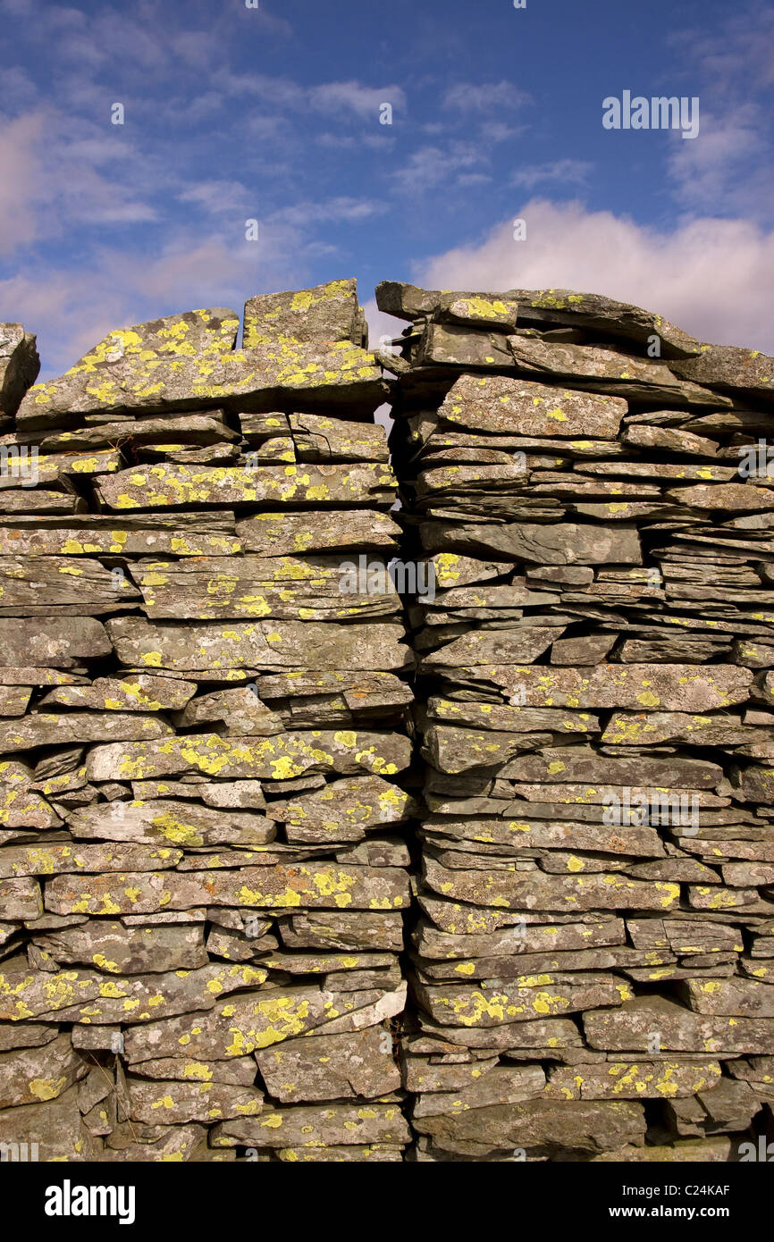 Unisciti al vecchio muro di ardesia in pietra a secco con il cielo blu alle spalle di Lingmoor Fell, Lake District, Cumbria, Inghilterra, Regno Unito Foto Stock