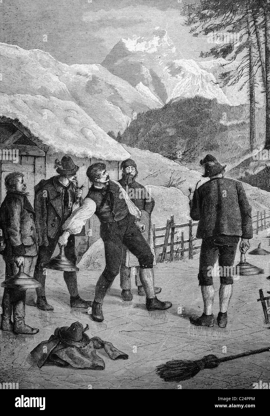 Il curling in montagne bavaresi, Baviera, Germania, storico illustrazione, 1877 Foto Stock