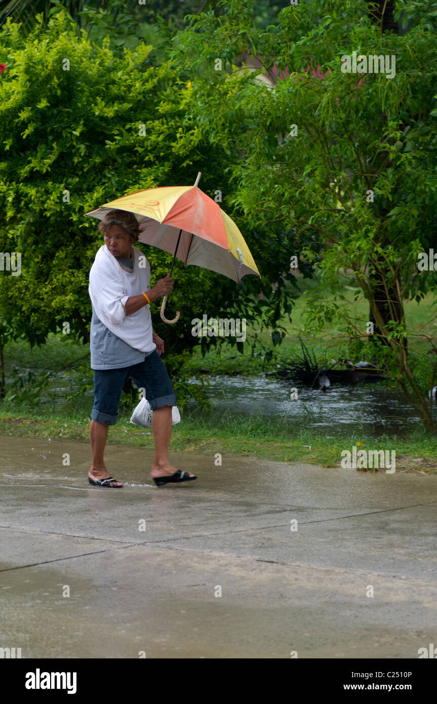 Donna Thai sotto la pioggia Foto Stock