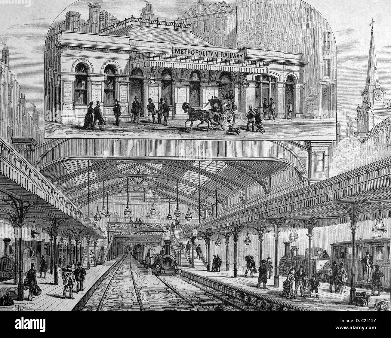 Aldgate tube station a Londra, Inghilterra, storico illustrazione, 1877 Foto Stock